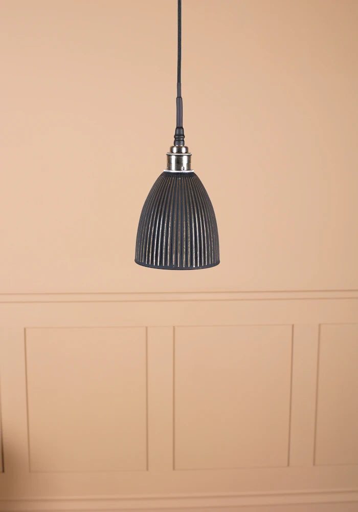 Small bell shaped black and gold ribbed  bathroom pendant light with brushed nickel lamp holder and black fabric flex.