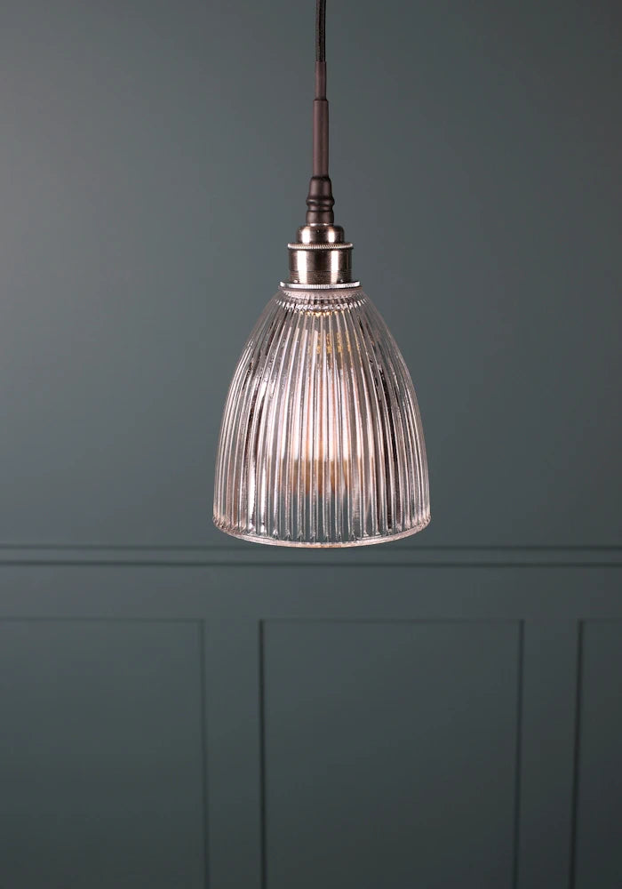 Small bell shaped ribbed glass bathroom pendant light with brushed nickel lamp holder and black fabric flex