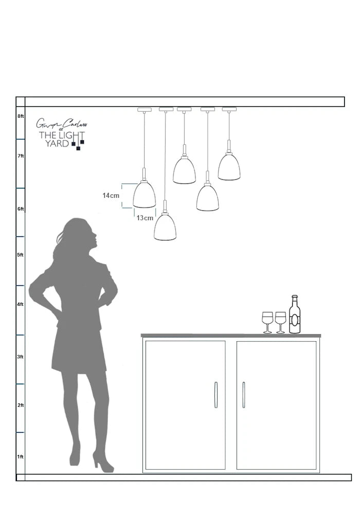 Silhouette of woman looking up at pendant light cluster hanging over kitchen cabinet 