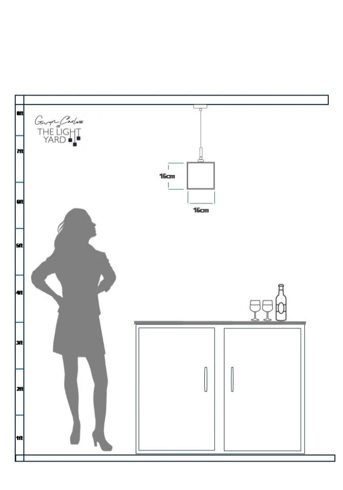 Black and white line drawing of a woman standing next to a bar with a bottle and glasses, with 'The Light Yard' branding.