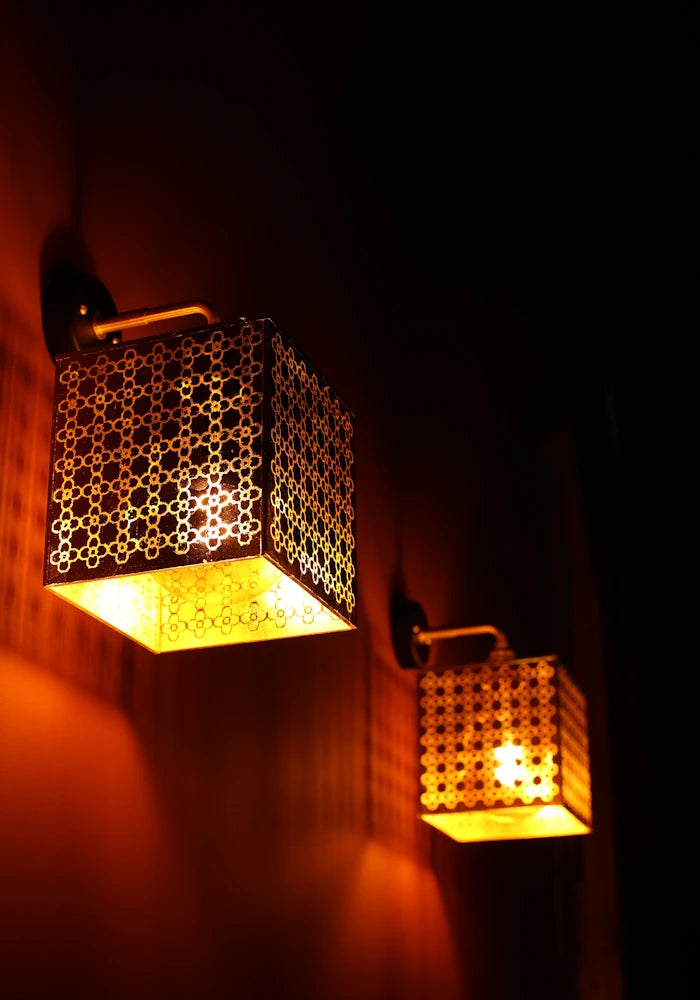 Elegant square Moroccan style gold IP44 bathroom wall lights close up