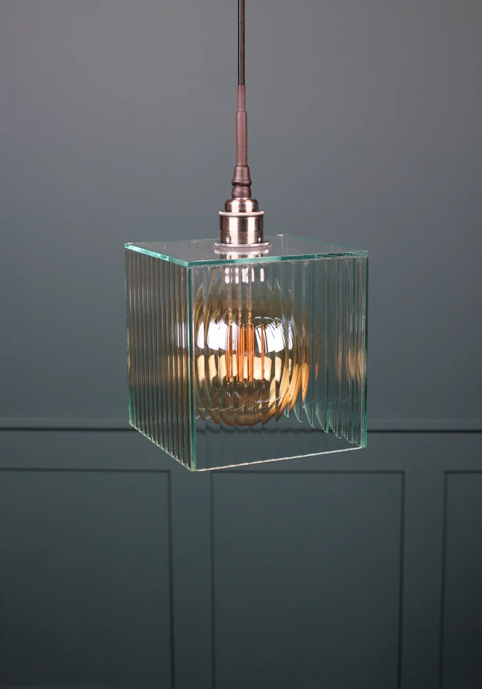 Square ribbed glass bathroom pendant light with brushed nickel lamp holder. 