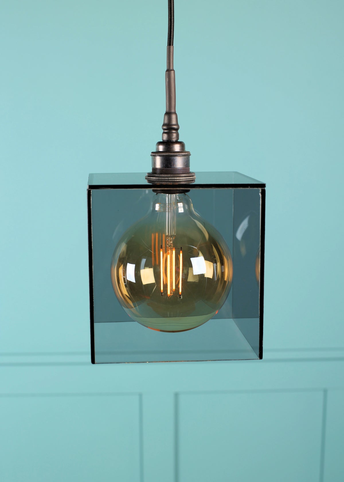 A smoked glass square pendant light dark bronze lamp holder and Edison style light bulb