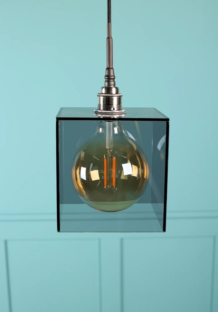 Large square smoked glass bathroom pendant light with brushed nickel lamp holder.