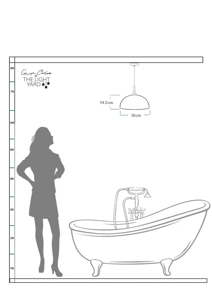 Specification sheet showing a woman looking up at large bathroom pendant light 