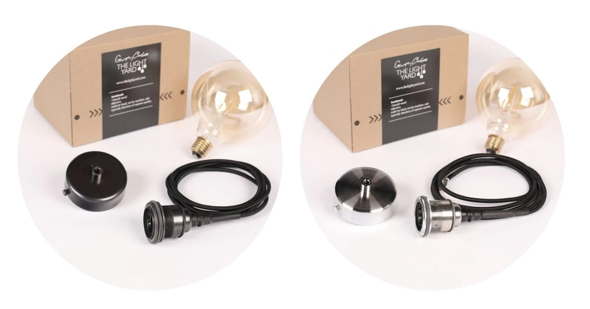 2 IP44 bathroom pendant cord sets, bronze, nickel ceiling rose, decorative globe led light bulb