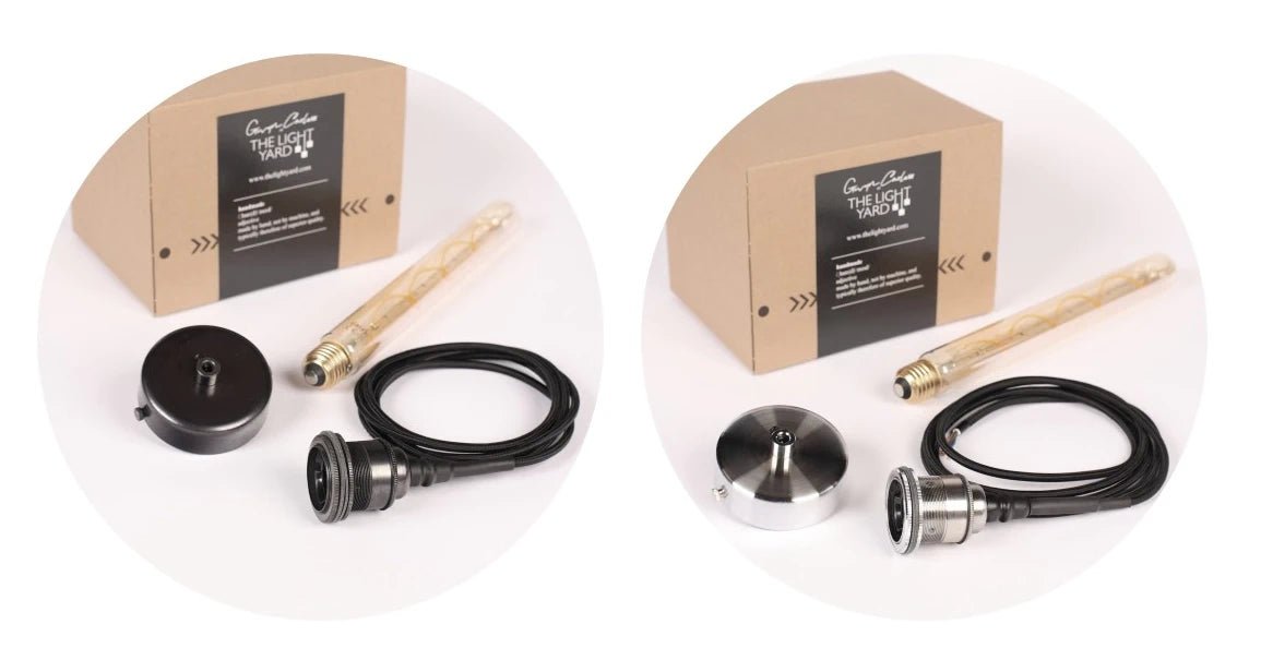 2 IP44 bathroom pendant cord sets, bronze, nickel ceiling roses, decorative long led light bulbs