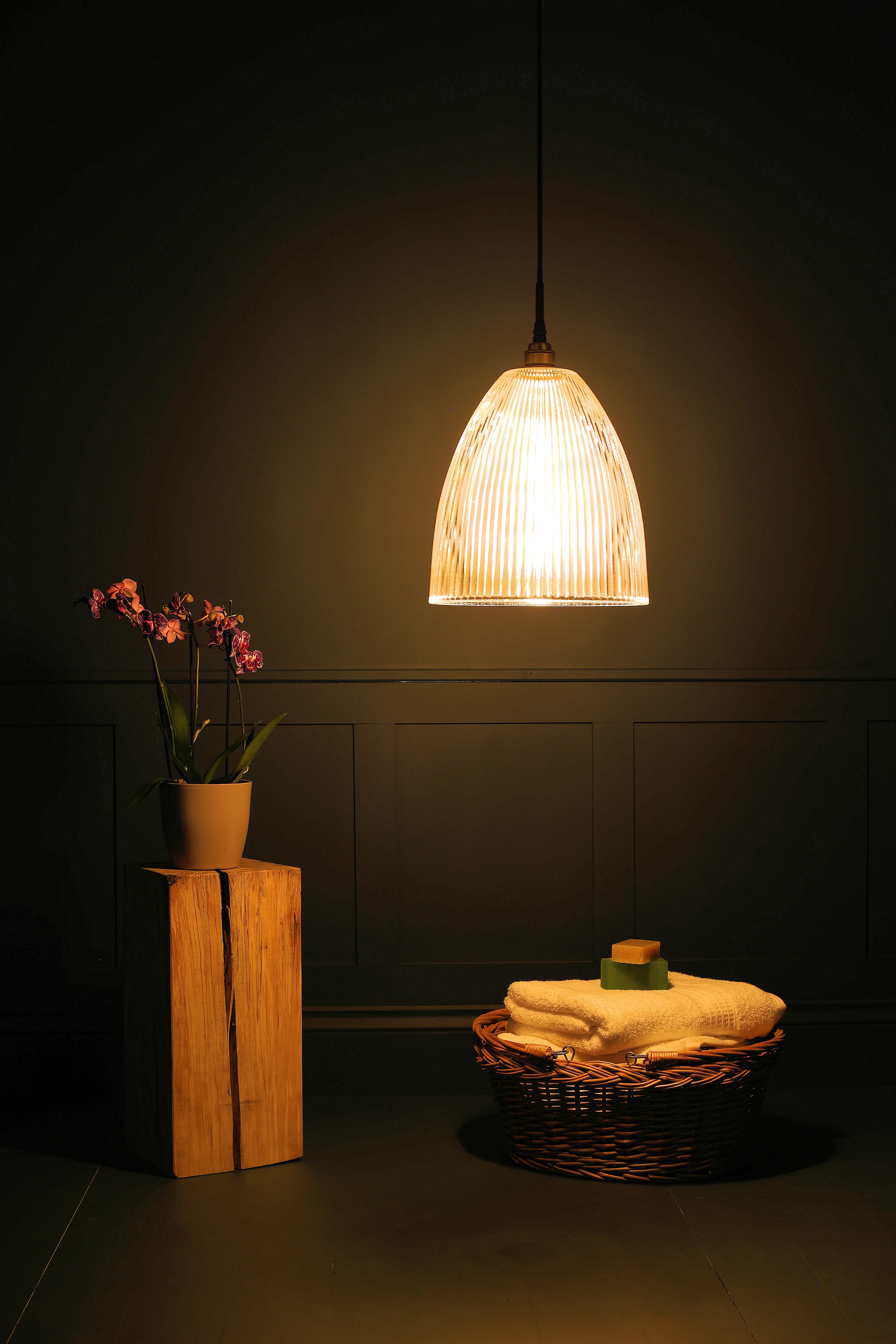 Large domed glass bathroom pendant light with exotic plant, basket of towels in dimly lit room