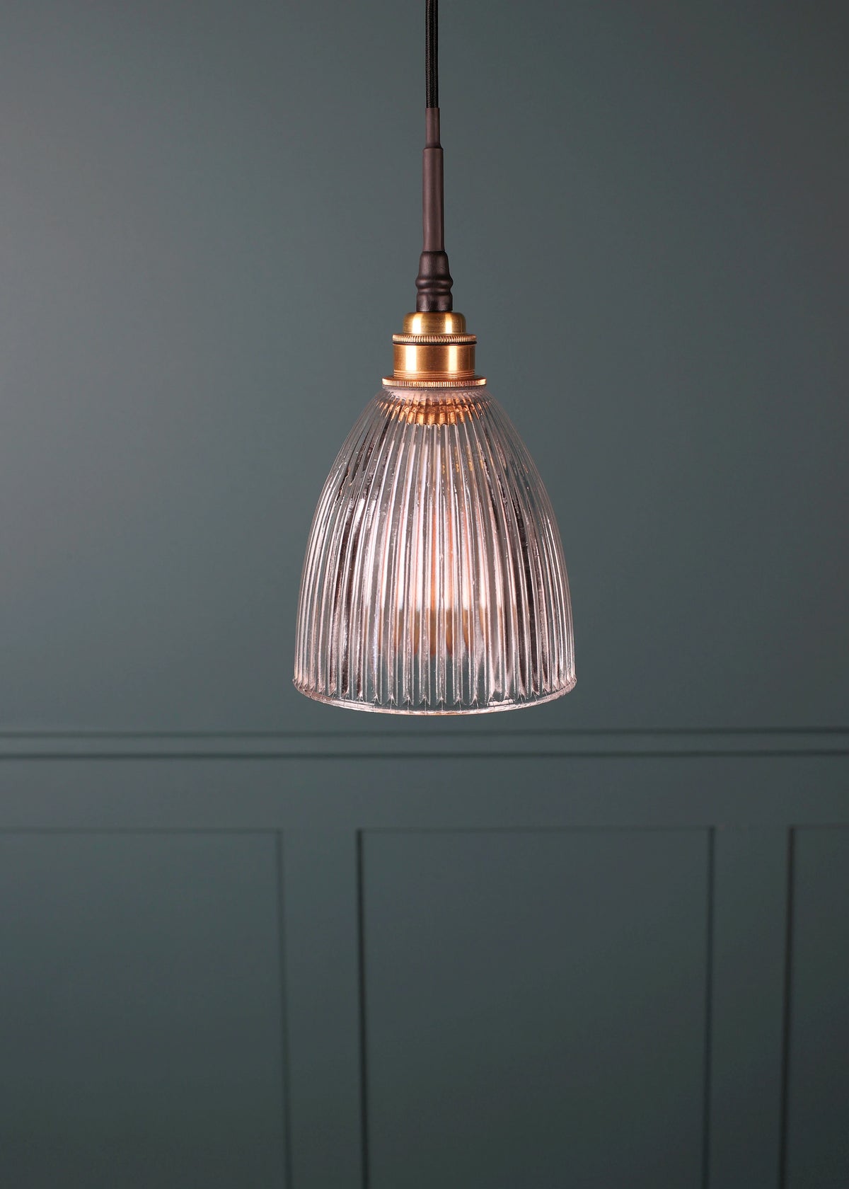 A hanging pendant light with a ribbed clear glass shade and a warm brass-toned metal fitting, suspended against a dark blue paneled wall.