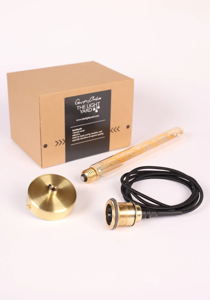 IP44 brass bathroom pendant cord kit with brass ceiling rose and LED light bulb