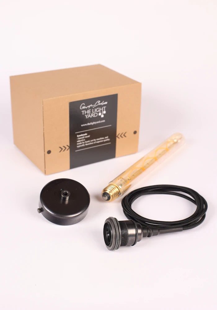 IP44 brass bathroom pendant cord kit with bronze ceiling rose and LED light bulb