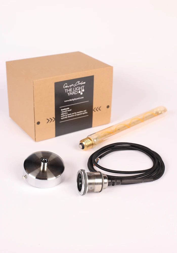 IP44 brass bathroom pendant cord kit with nickel ceiling rose and LED light bulb