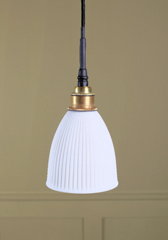 Lady Jane porcelain bathroom pendant light with brushed brass lamp holder.