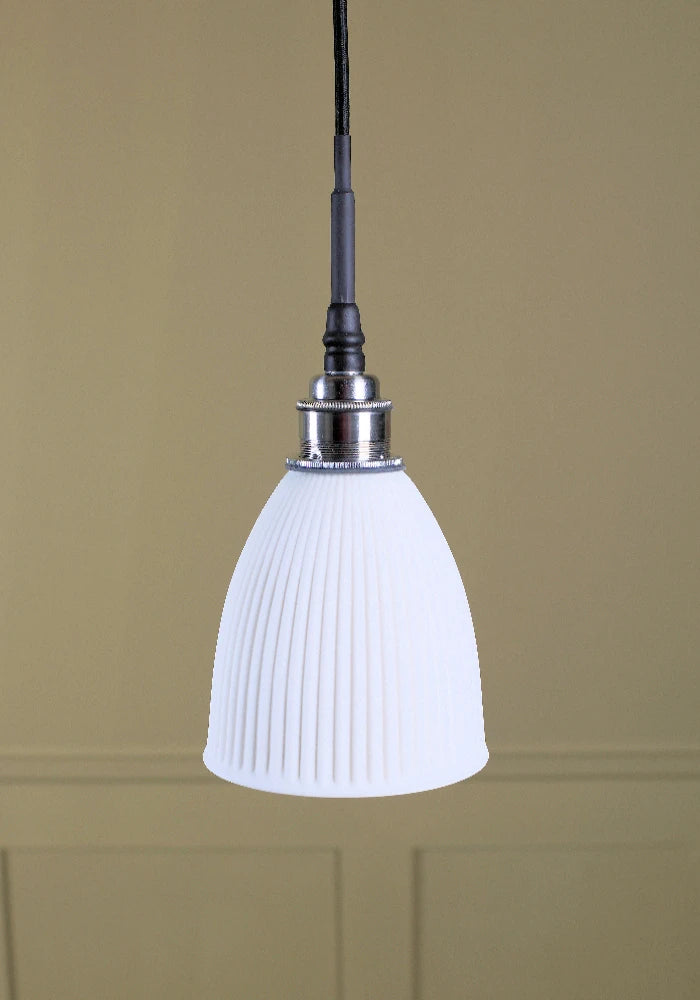 Lady Jane porcelain bathroom pendant light with brushed nickel lamp holder.