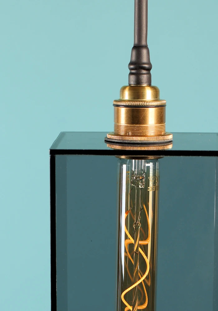 Large rectangular smoked glass cluster bathroom pendant light with brushed brass lamp holder.