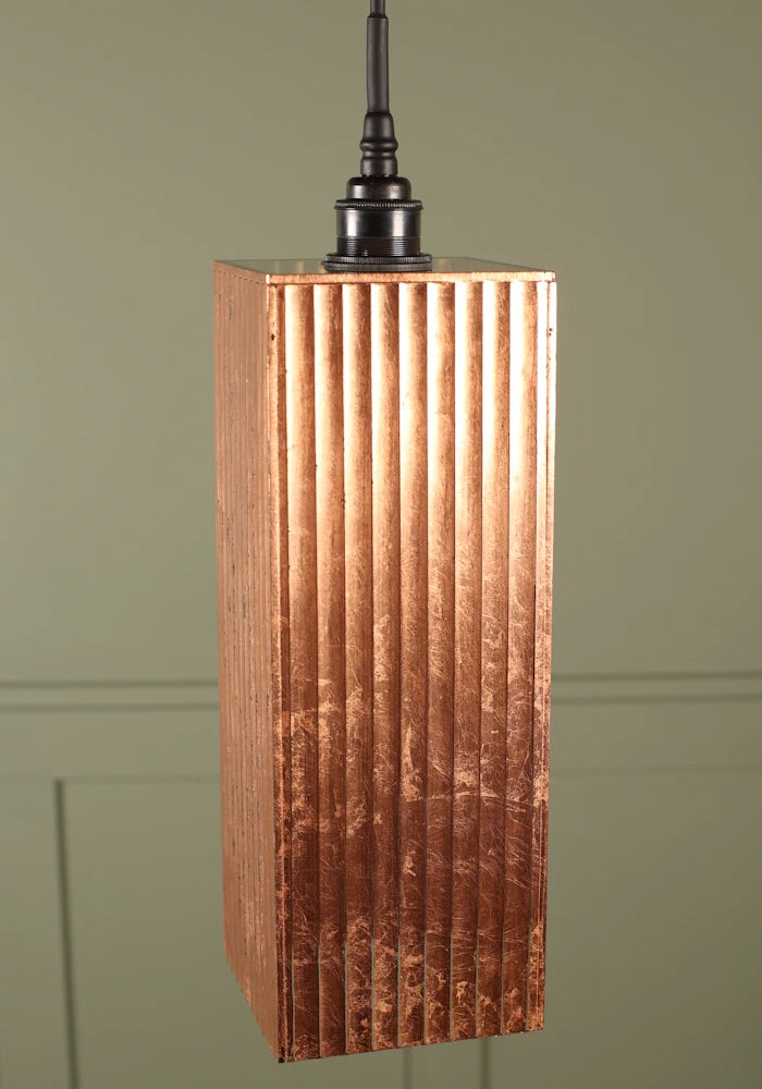 Large rectangular copper leaf bathroom pendant light with antique bronze amp holder.