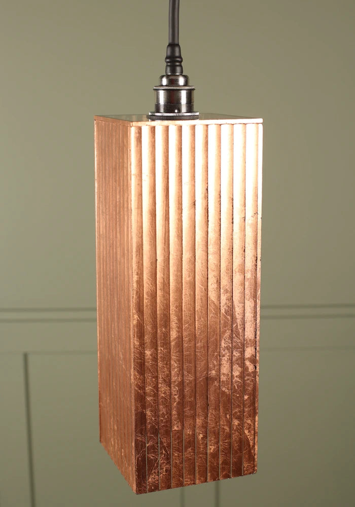 Large rectangular copper leaf bathroom pendant light with brushed nickel lamp holder.