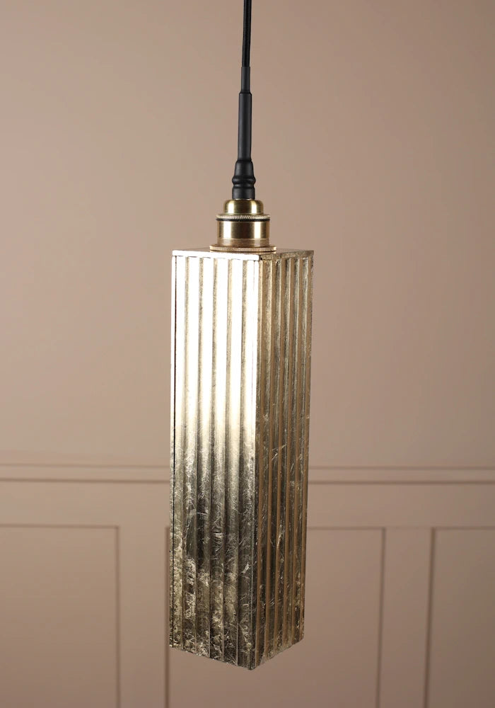 Long rectangular gold leaf bathroom pendant light with brushed brass lamp holder.