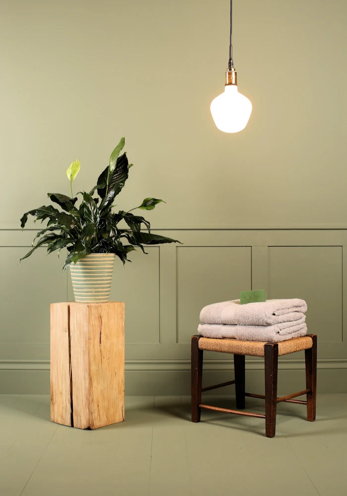 Tala Enno bathroom pendant light with plant and bath towels.