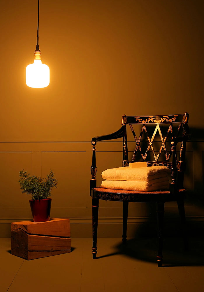 Tala Oblo bathroom pendant light casting shadows, plant and ornate chair.