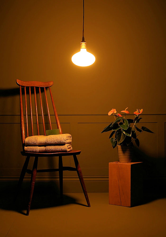 Tala Oval bathroom pendant light casting shadows,  wooden chair and plant.